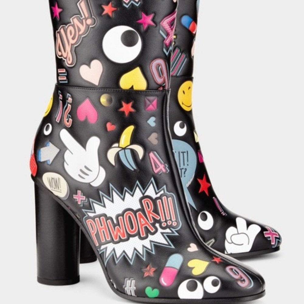 ANYA HINDMARCH ICONIC STICKER BOOTS BLACK LEATHER W/MULTI-COLORED STICKERS 8.5